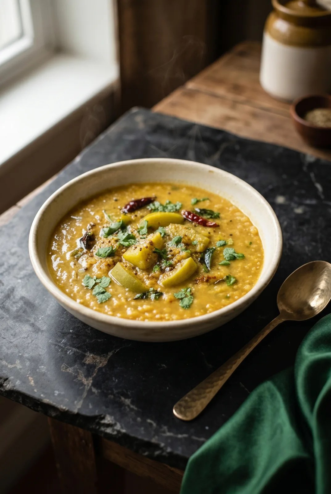Dairy-free mango dal with raw green mango in a ceramic bowl on marble with brass spoon