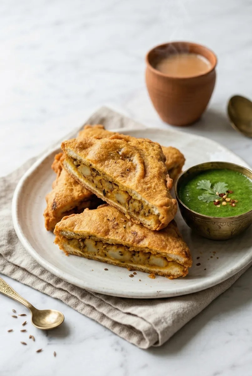 Stuffed bread pakora on marble with bright green cilantro chutney and masala chai, tea-time scene