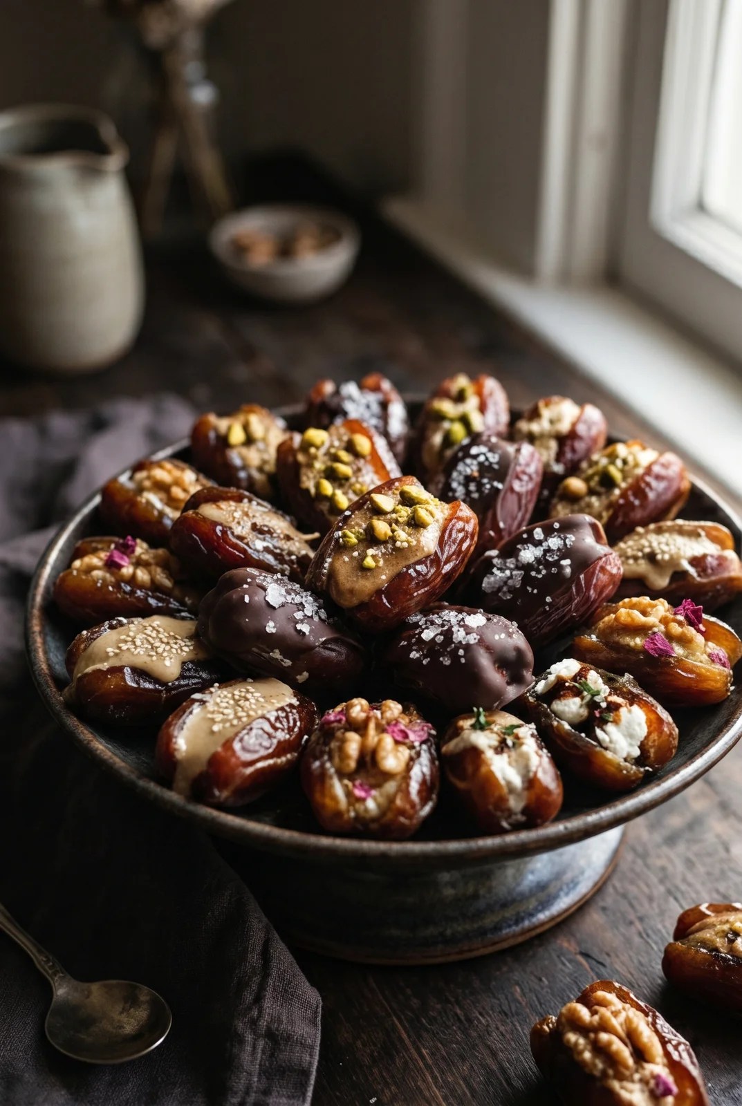 Plated stuffed Medjool dates with nut and seed butter fillings, dramatic side light.