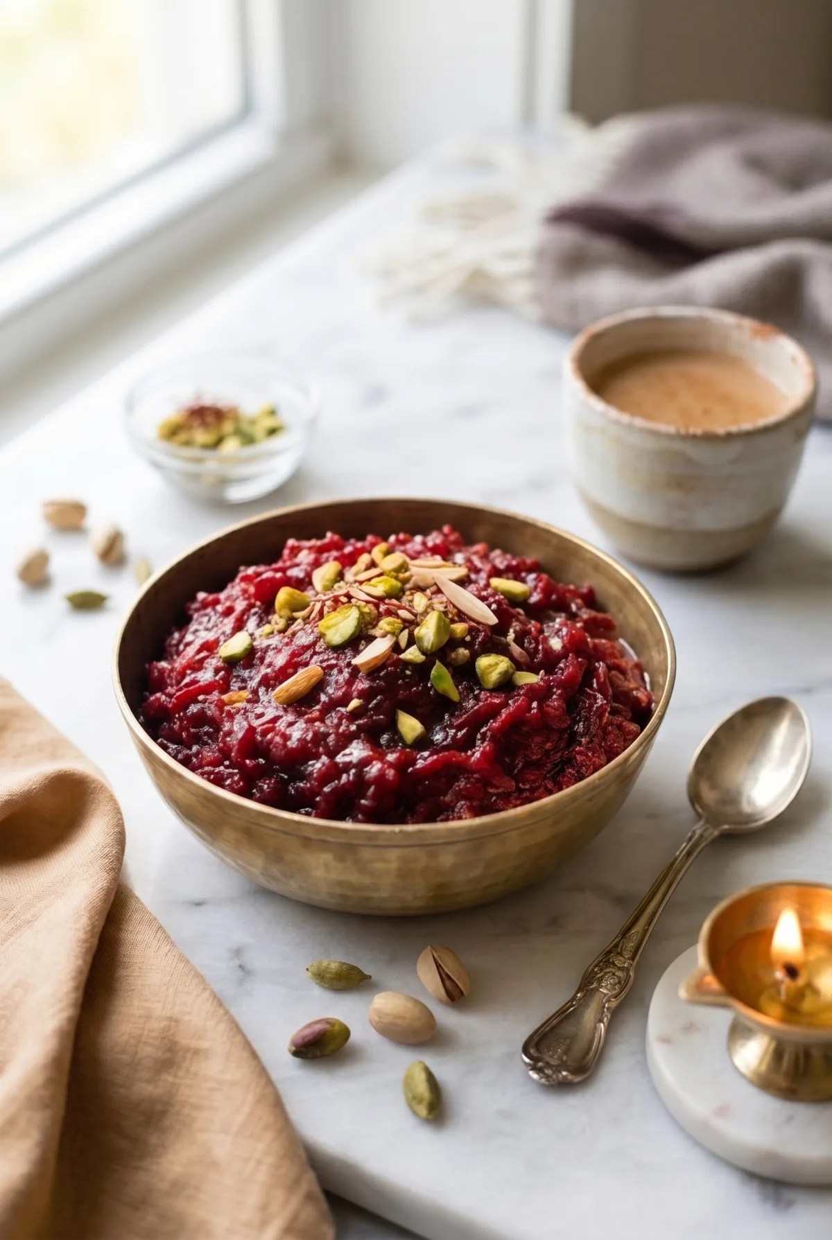 Beetroot halwa recipe in brass katori with chai, pistachios and winter props on marble