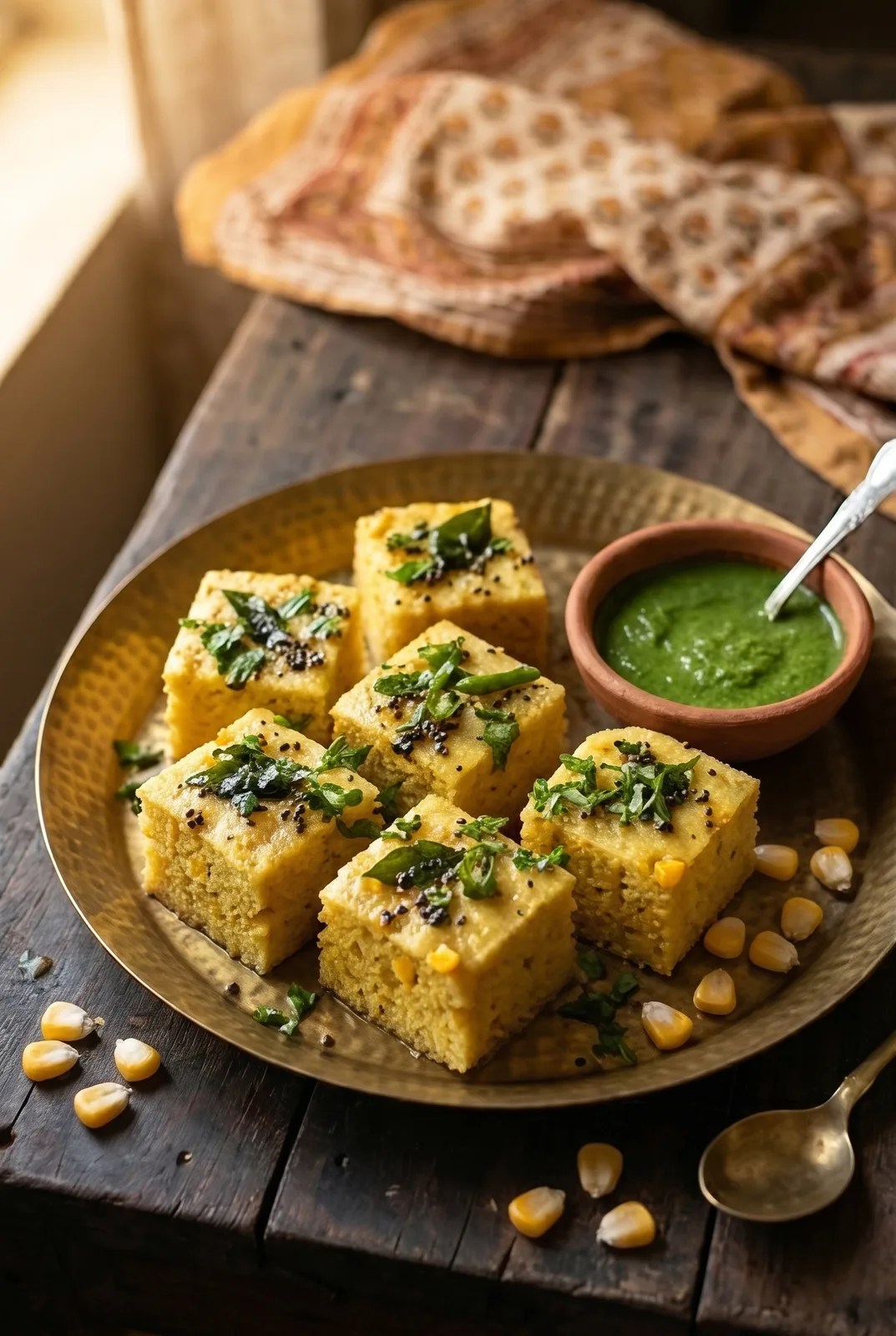 Golden corn dhokla squares in a hammered brass plate with mustard curry leaf tempering and fresh coriander on aged teak wood