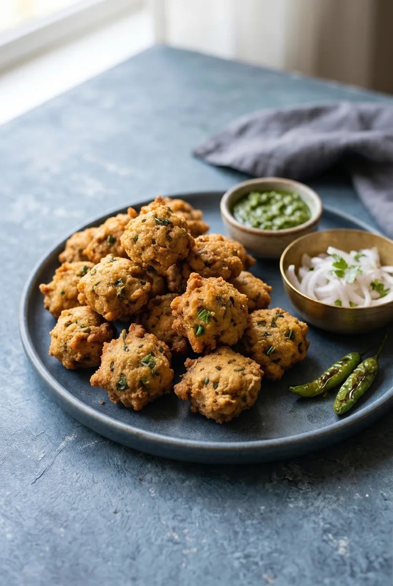 Gujarati dalwada on a charcoal-blue platter with onion and chilies, dalwada recipe