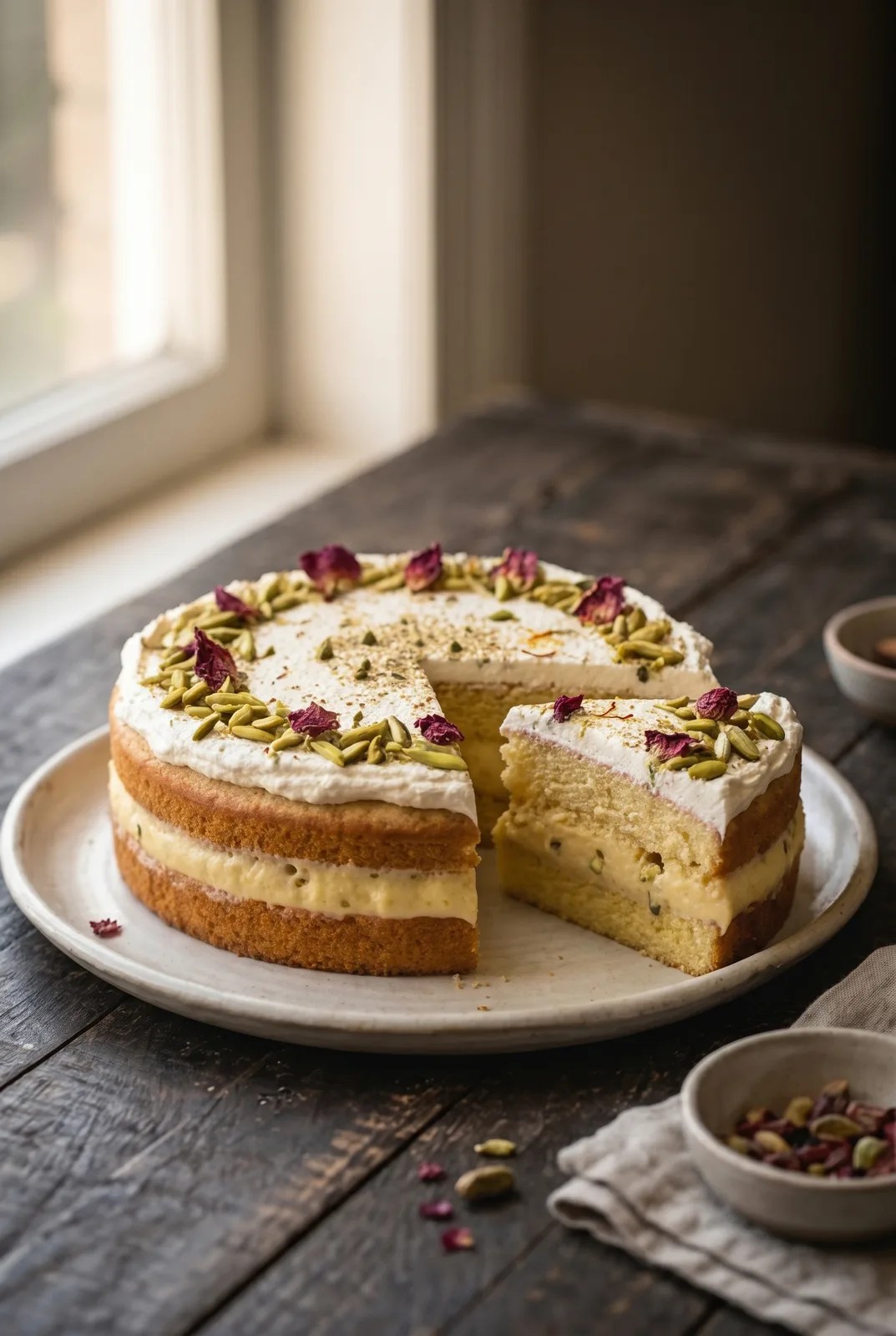 Layered eggless rasmalai cake with wedge slices on charcoal slate and rose petals