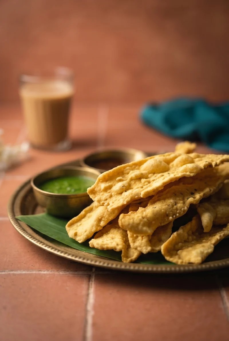 Gujarati fafda on antique brass tray over terracotta tiles, fafda recipe