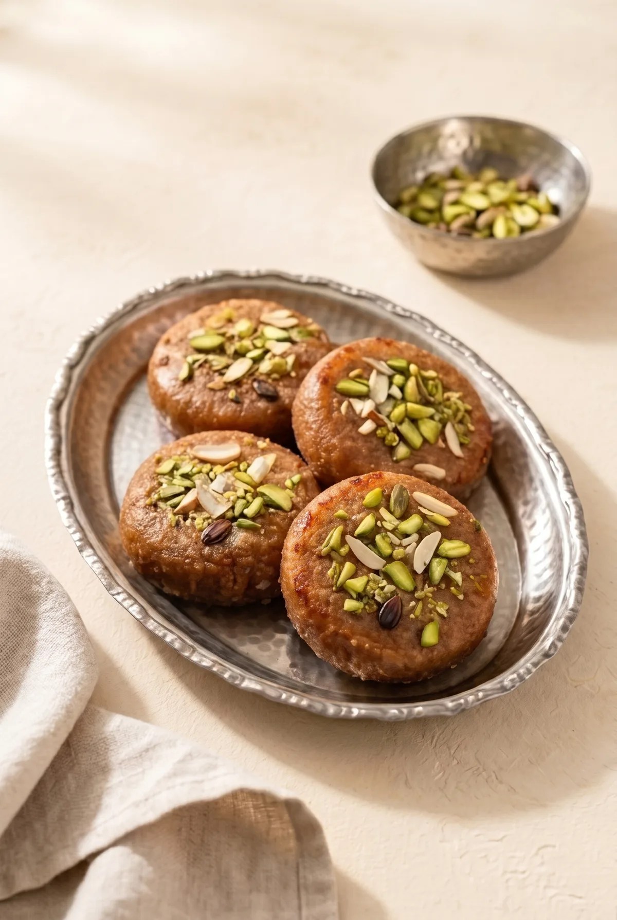Four halwasan pedas on a hammered silver thali with pistachio, almond, and watermelon seed garnish — Khambhati Gujarati halwasan recipe