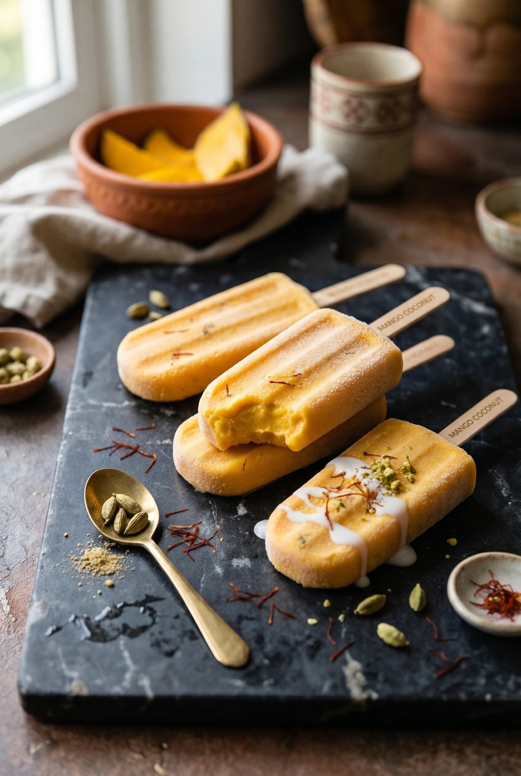 Three golden-orange mango coconut popsicles with saffron and cardamom on aged black marble with a brass spoon