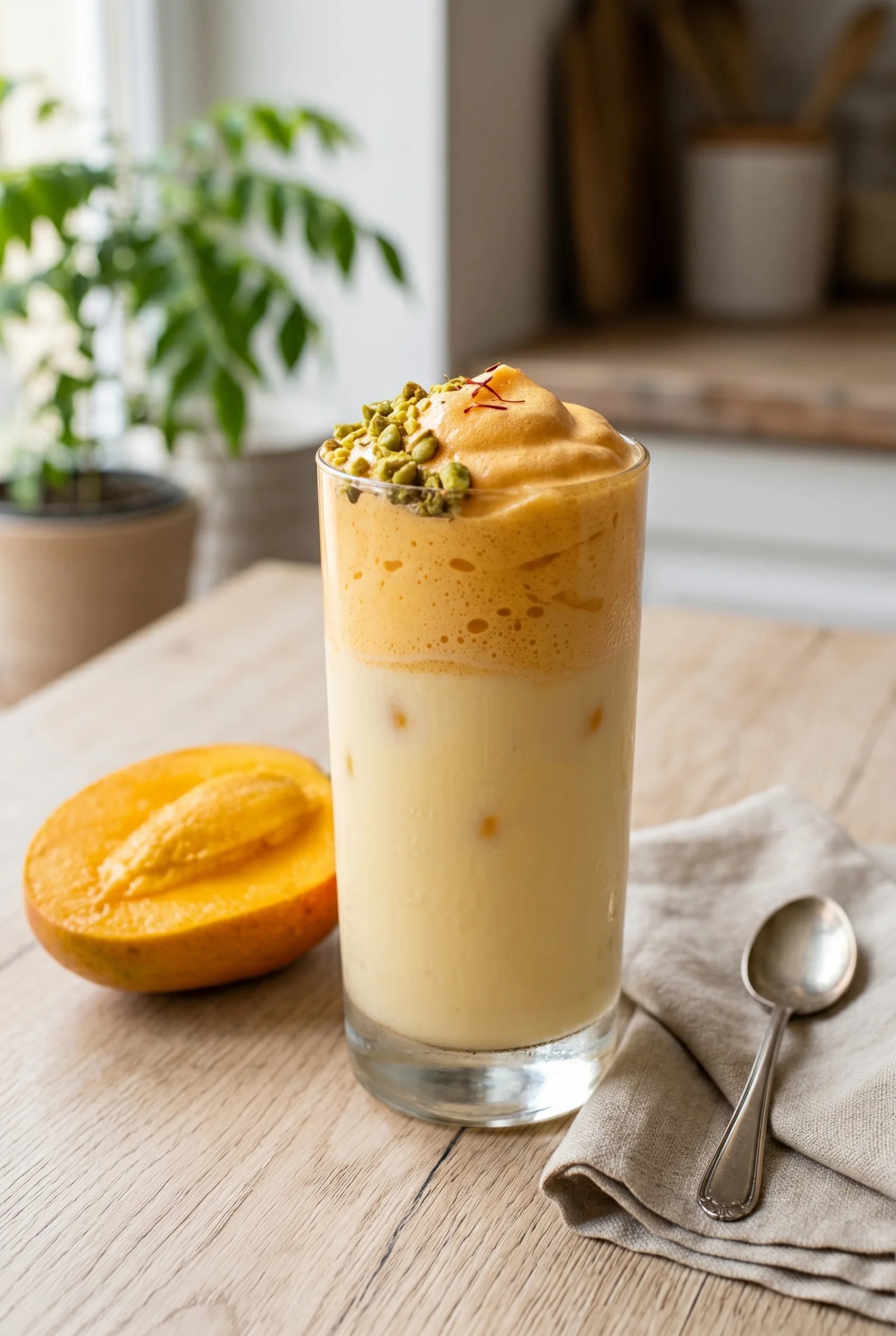 Layered mango dalgona lassi in a tall glass with golden foam over chilled sweet lassi