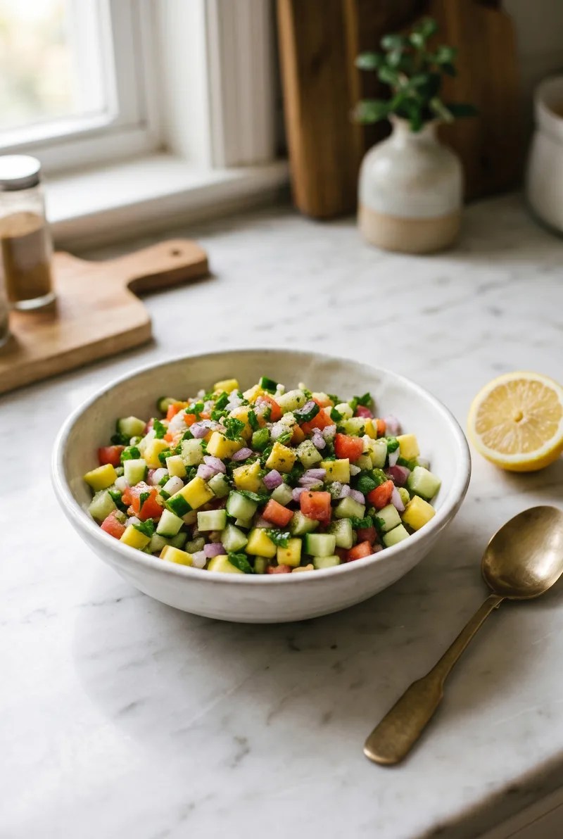 Vibrant mango kachumber salad in a white ceramic bowl with diced raw mango, cucumber, tomato, red onion, and fresh coriander