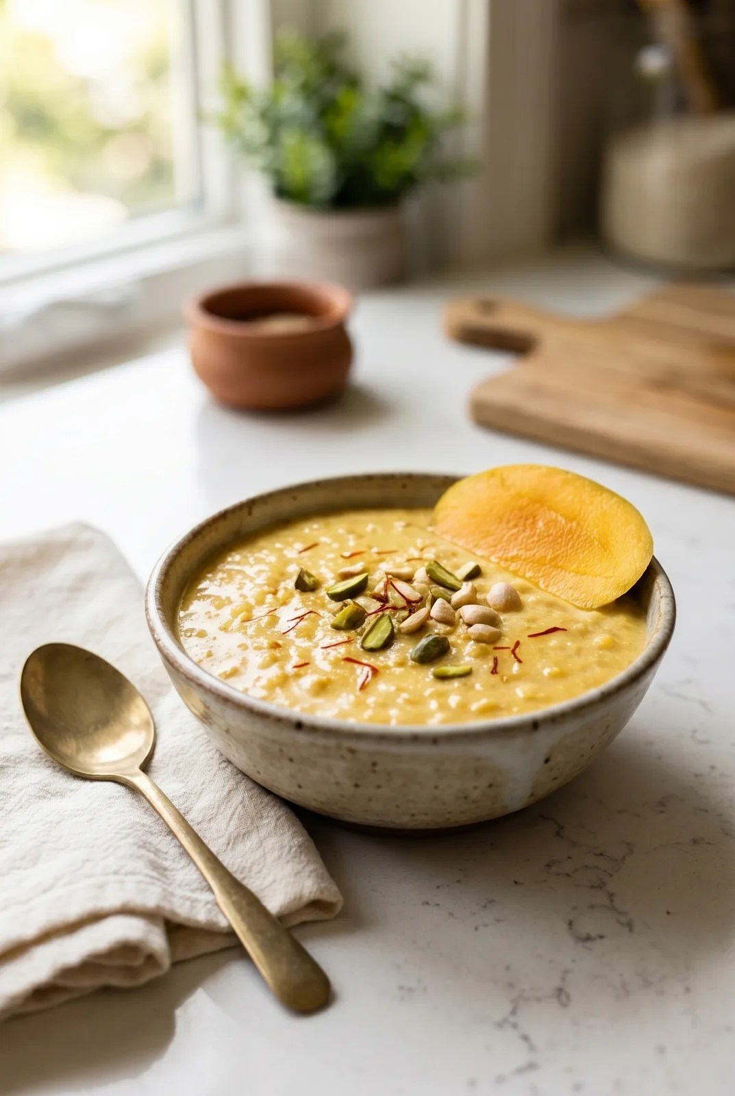 Ceramic bowl of creamy mango kheer garnished with saffron strands, crushed pistachios and a fresh mango slice, overhead shot on warm linen