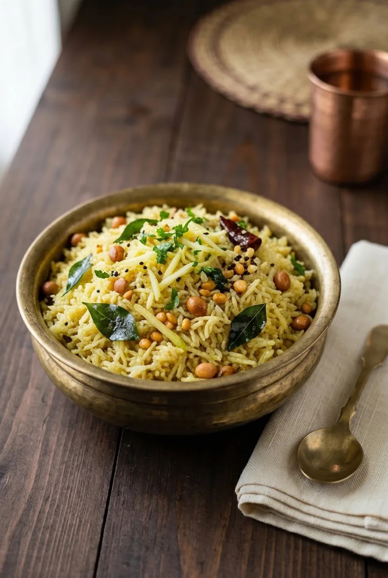 Traditional mango rice in a brass bowl with curry leaves and peanuts