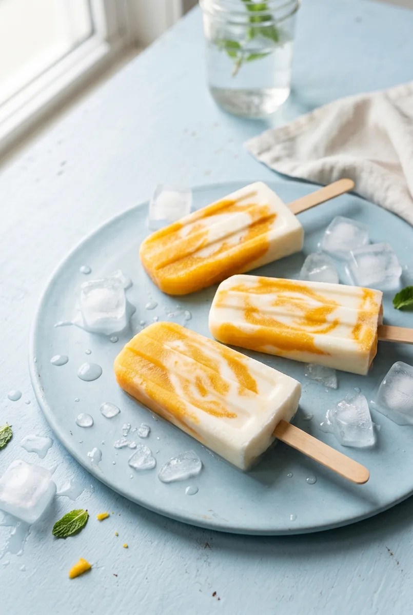 Three mango yogurt popsicles with orange swirl on a pale blue surface with scattered ice cubes