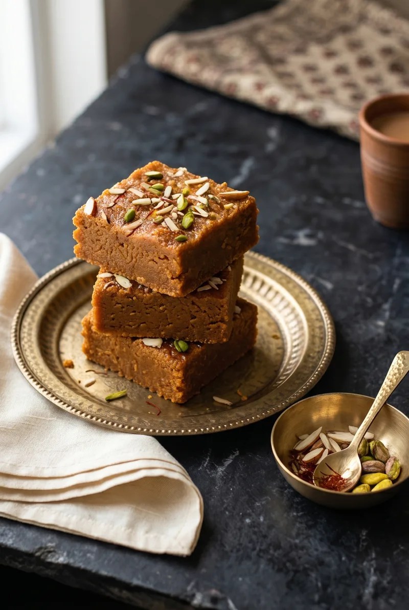 Thick terracotta-orange Mohanthal squares stacked on a brass thali with slivered pistachio and almond garnish on aged black marble