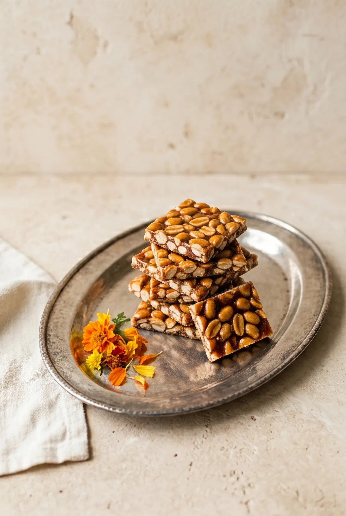 Stack of dark brown peanut chikki on silver thali — easy peanut chikki recipe