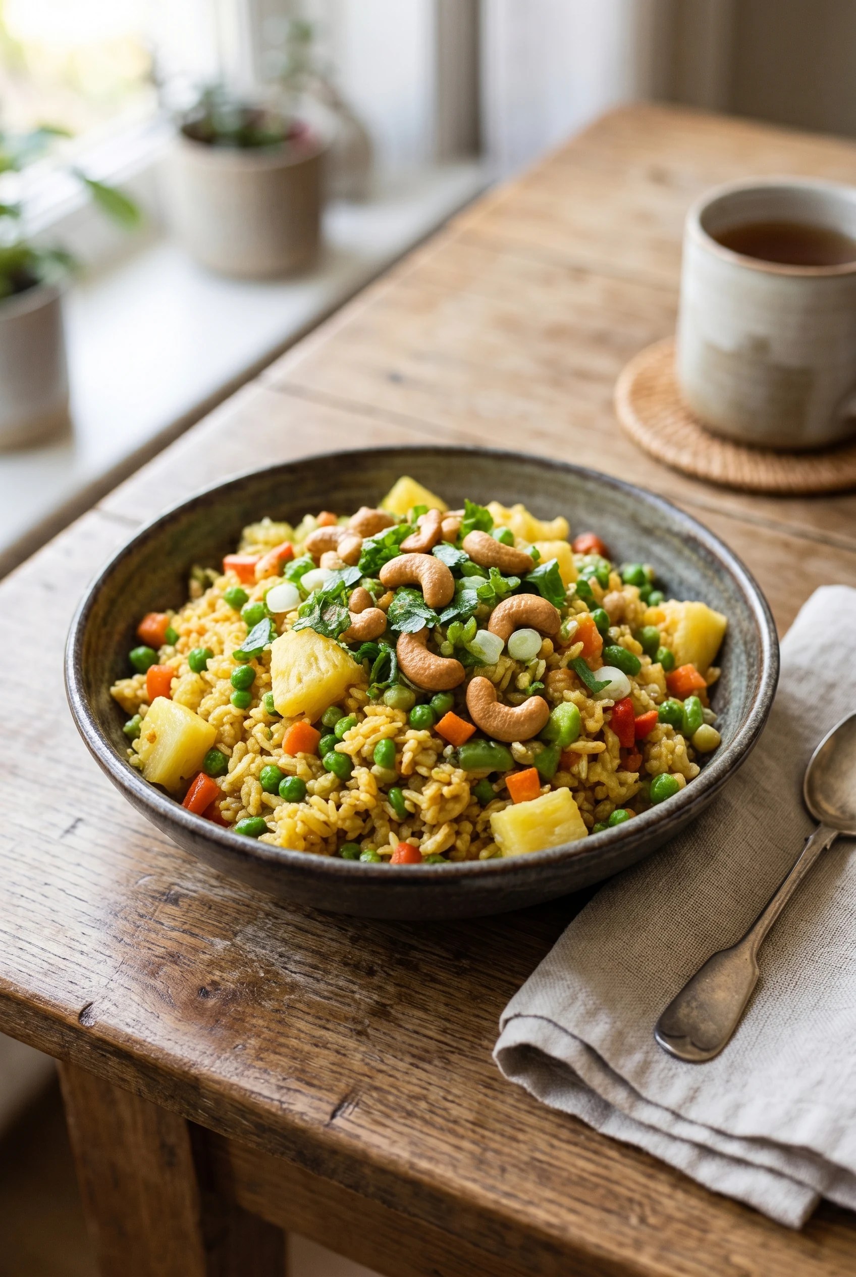 Pineapple fried rice in a ceramic bowl with colorful vegetables and cashews