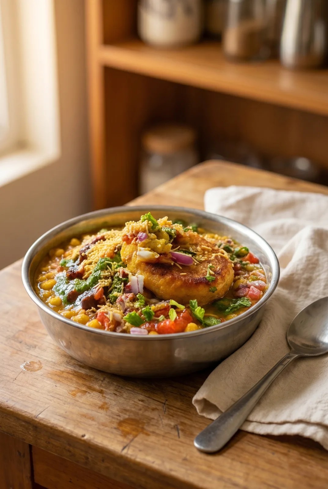 Golden ragda pattice in a steel katori on a wooden kitchen counter, loaded with sev and chutneys