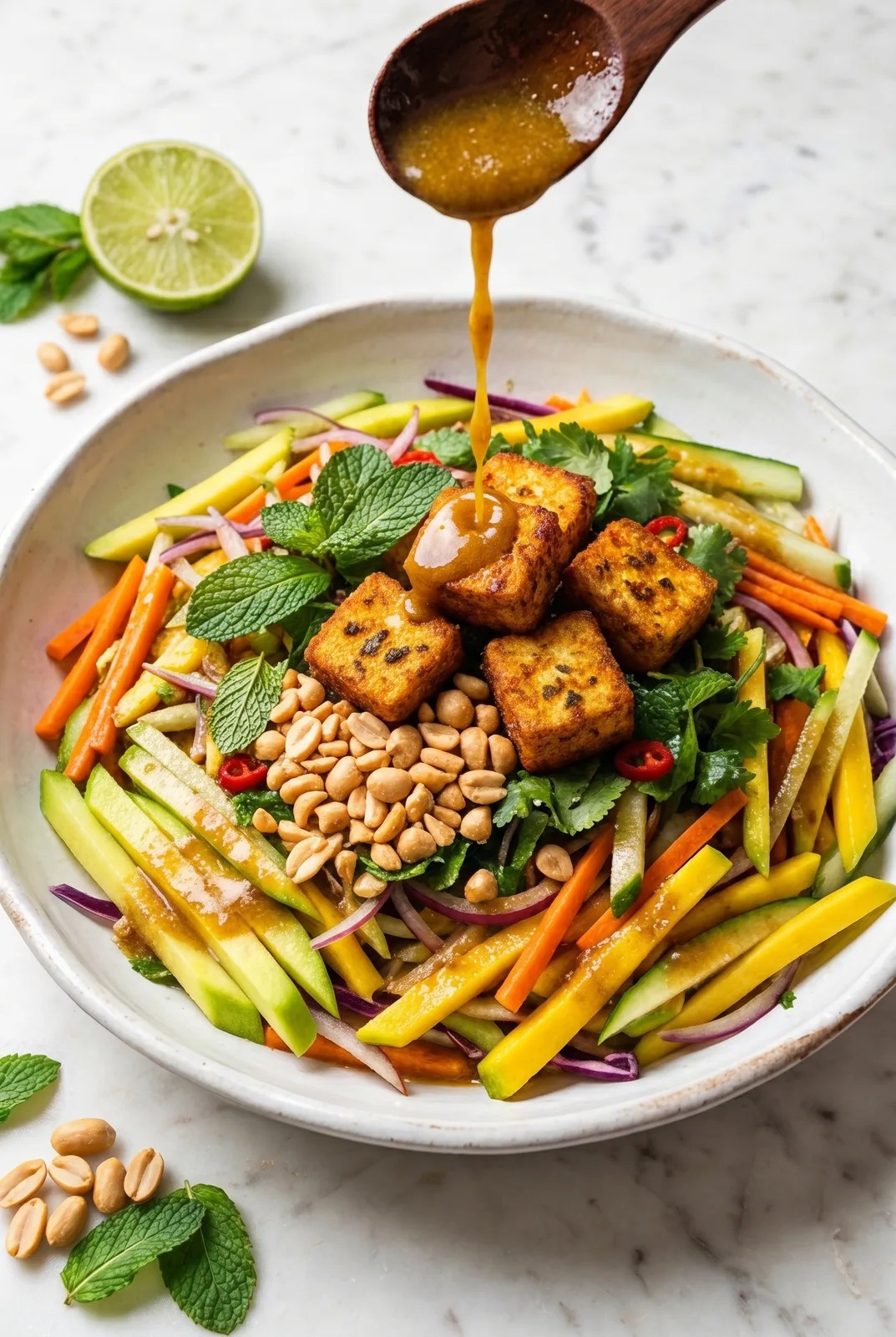 Spicy raw mango salad with crispy paneer, roasted peanuts and mint in a white bowl on marble