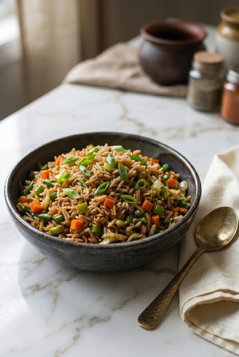 Indo-Chinese vegetable fried rice in a ceramic bowl on white marble, garnished with spring onion greens