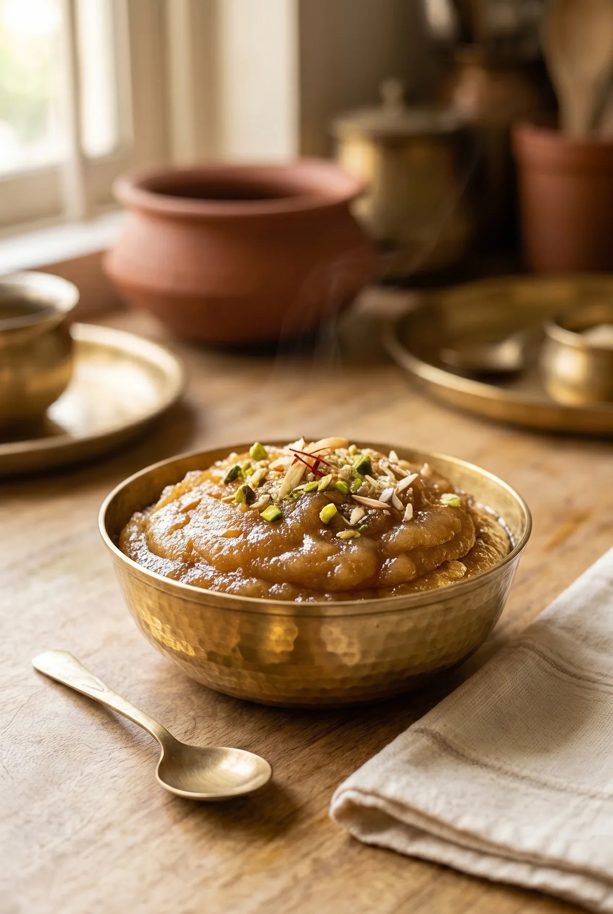 Warm atta halwa in brass katori with pistachio and saffron garnish, atta halwa recipe