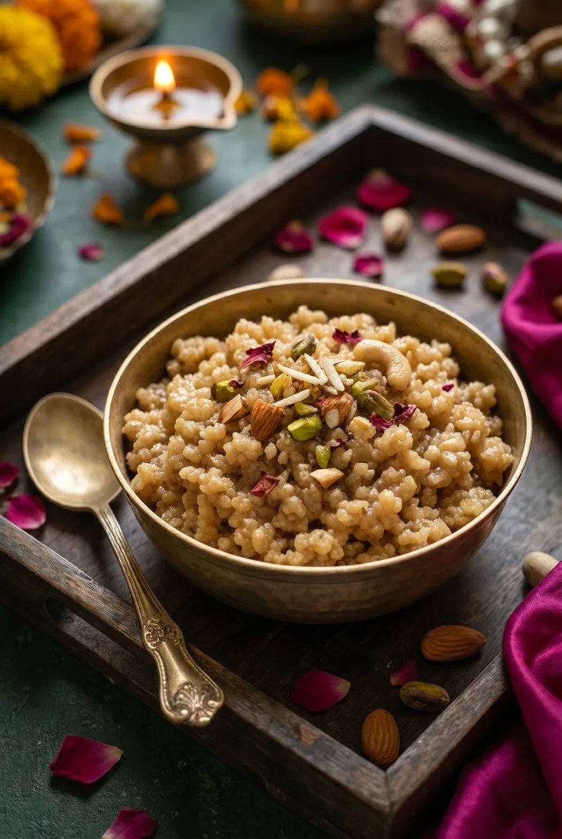 Instant Pot fada lapsi in brass bowl with jaggery broken wheat and nut garnish for Dhanteras