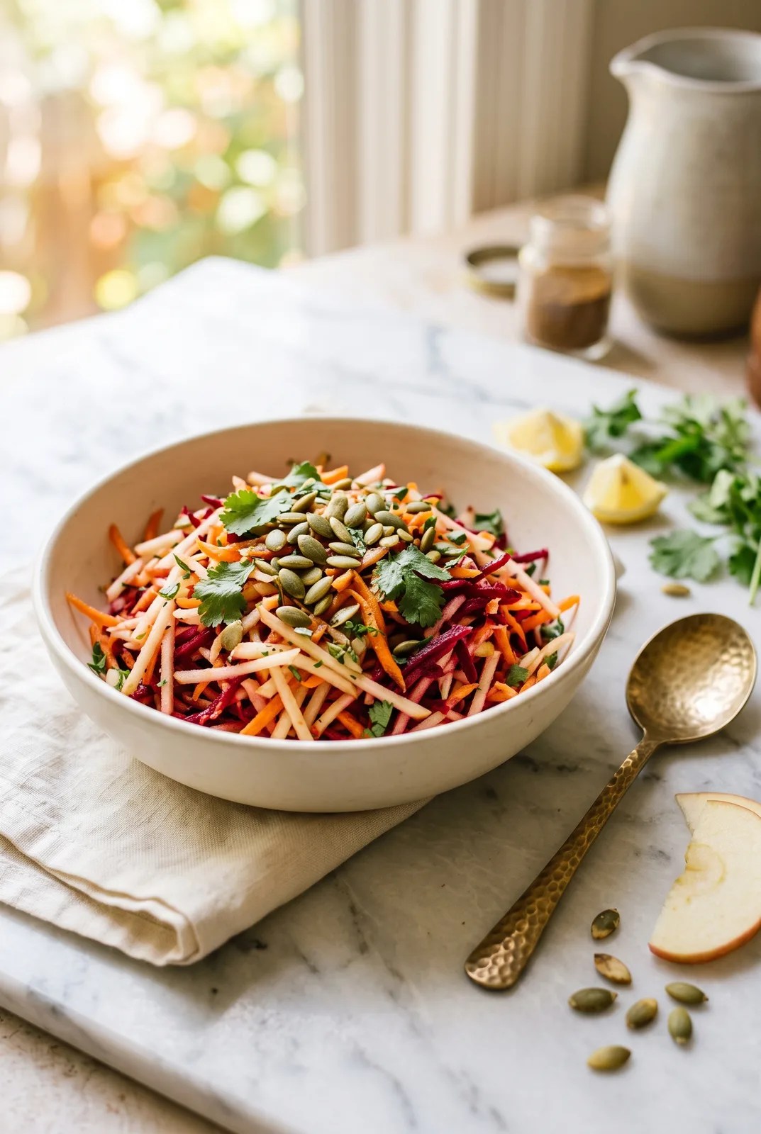 Easy ABC salad with grated apple, beet, and carrot in a cream bowl