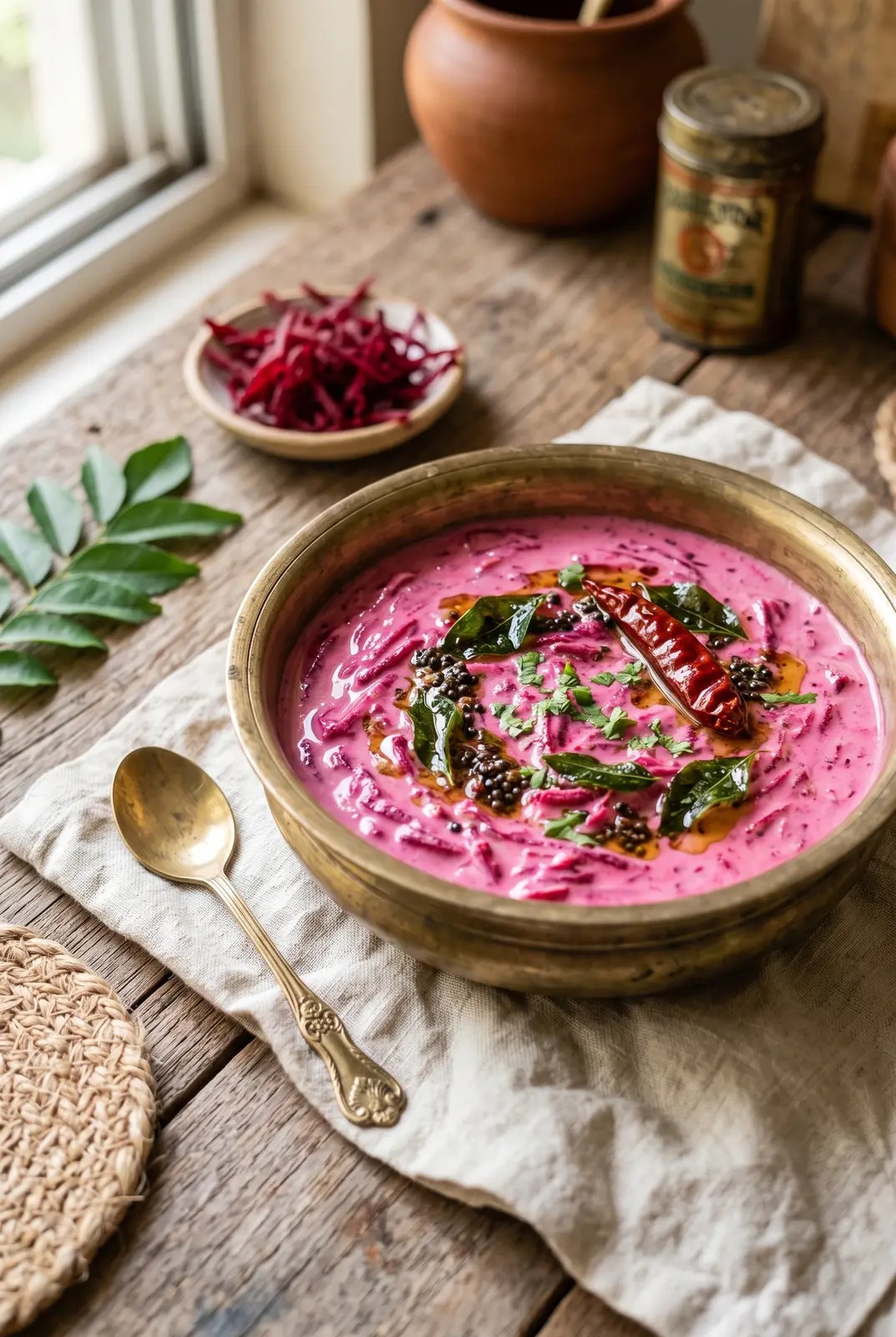 Pink Kerala beetroot pachadi in brass bowl with curry leaf tadka