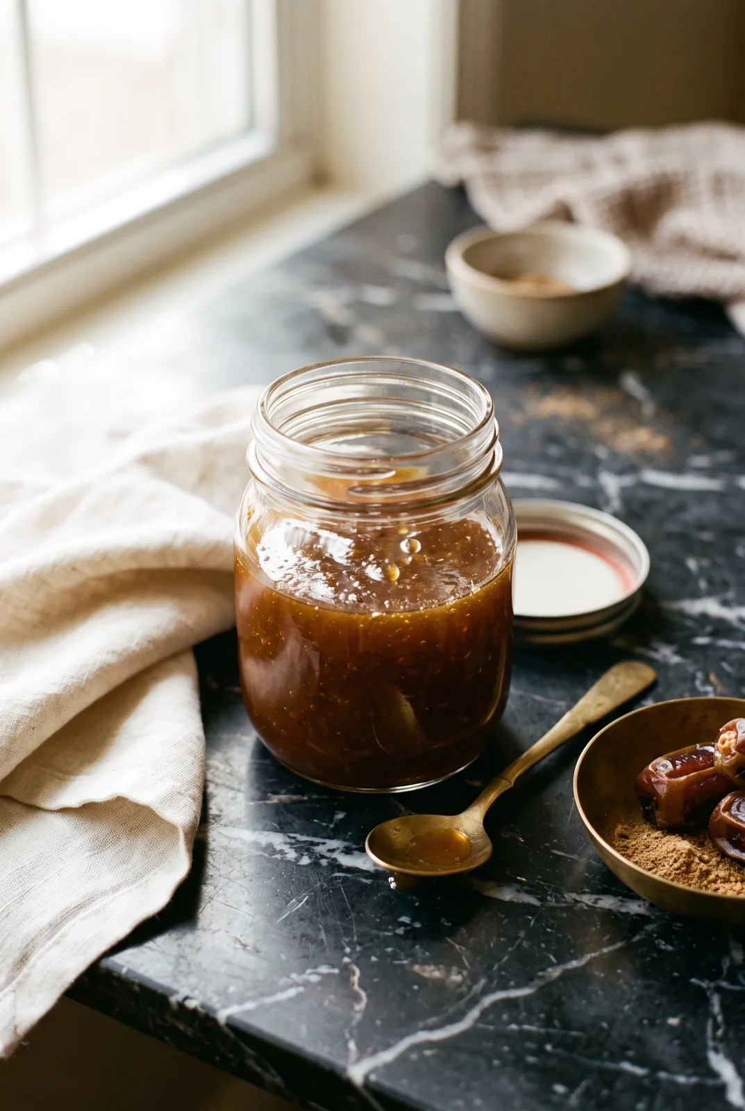 Jar of Jain chaat salad dressing with dates and spices on marble