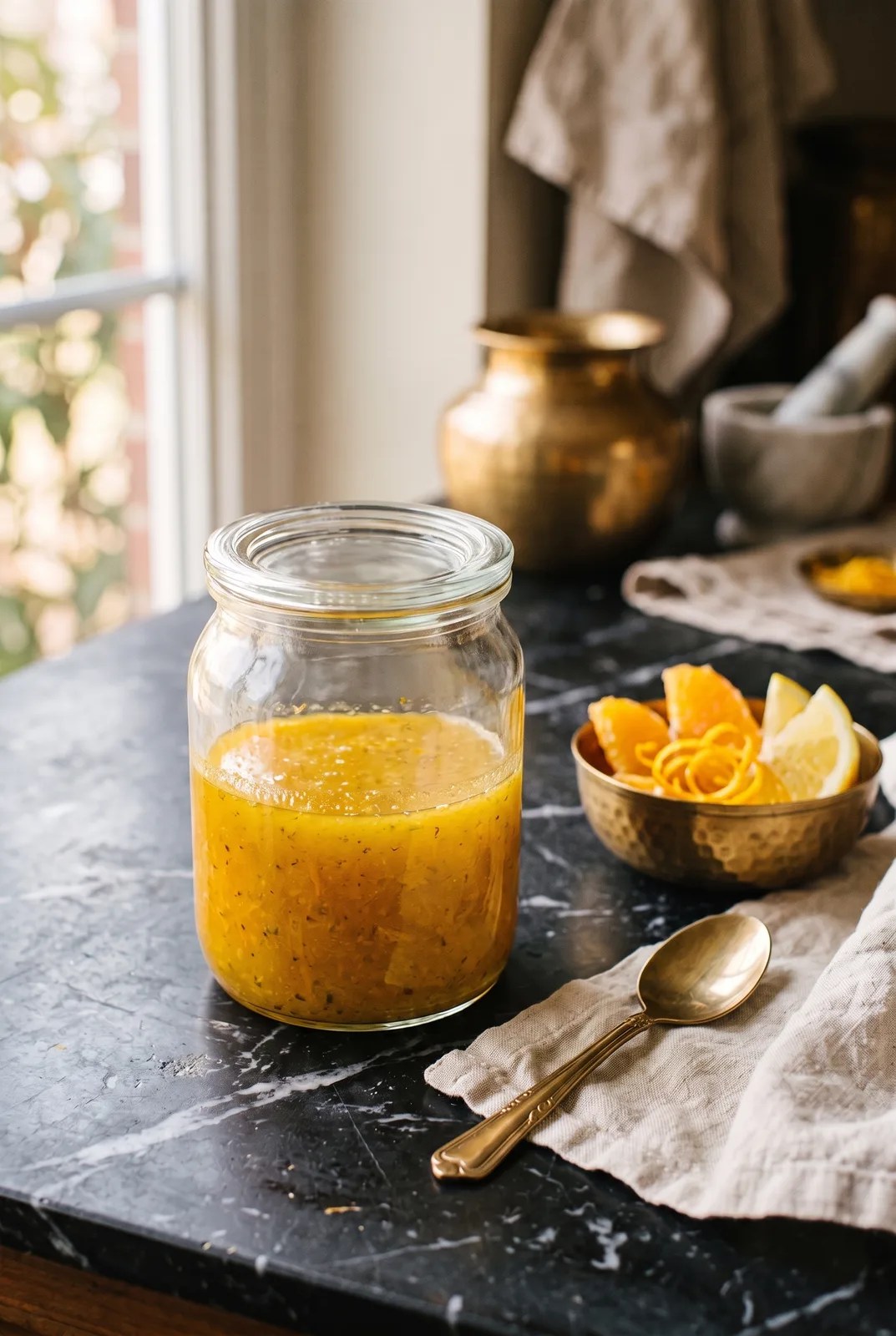 Jar of Jain citrus salad dressing with orange and lemon on marble