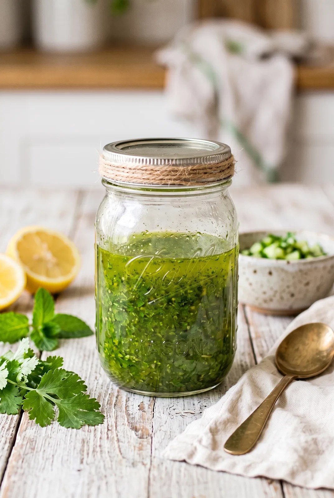 Pourable coriander mint dressing in a glass jar with fresh herbs and lemon