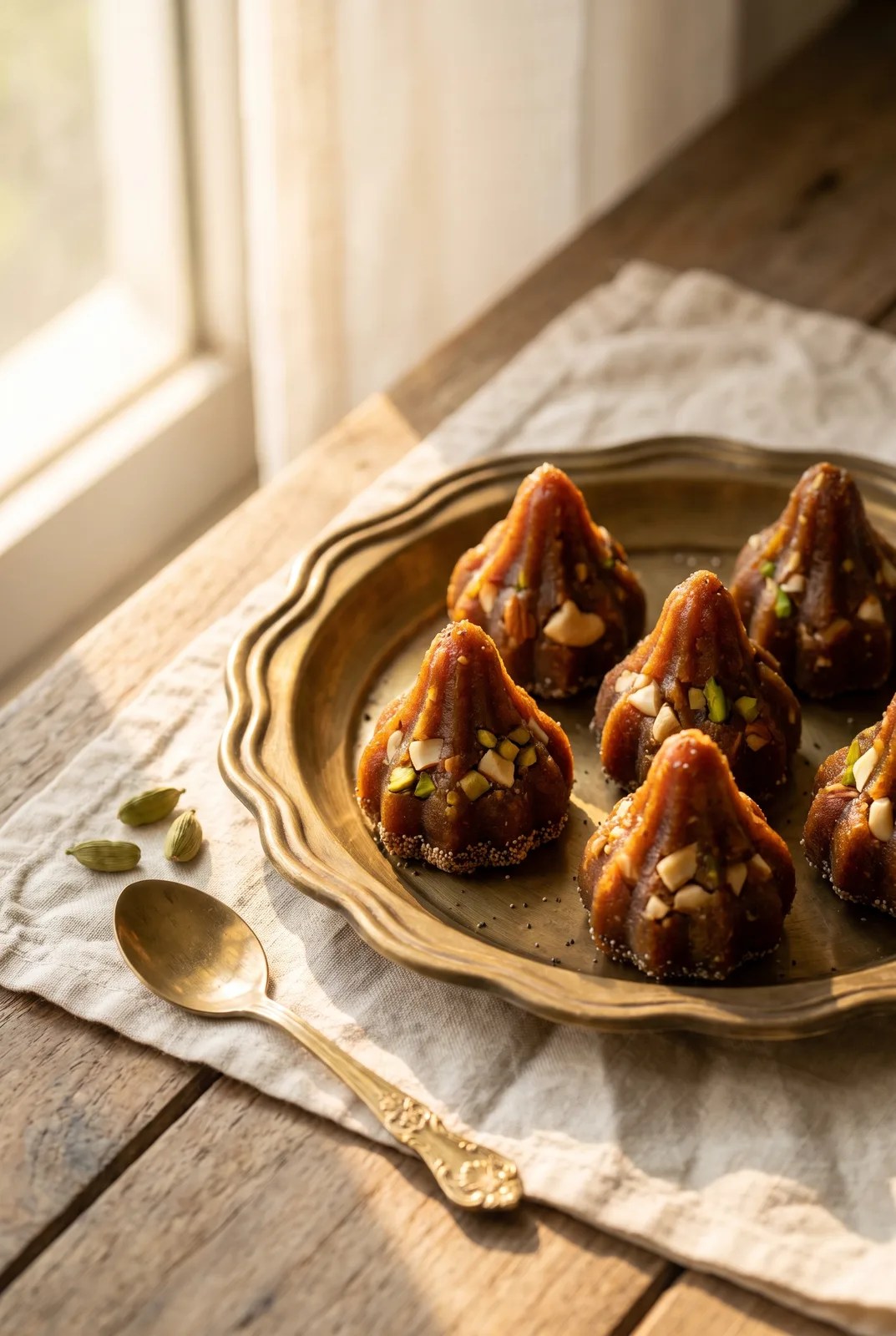 Dates modak on brass plate with cardamom pods and poppy seed bases