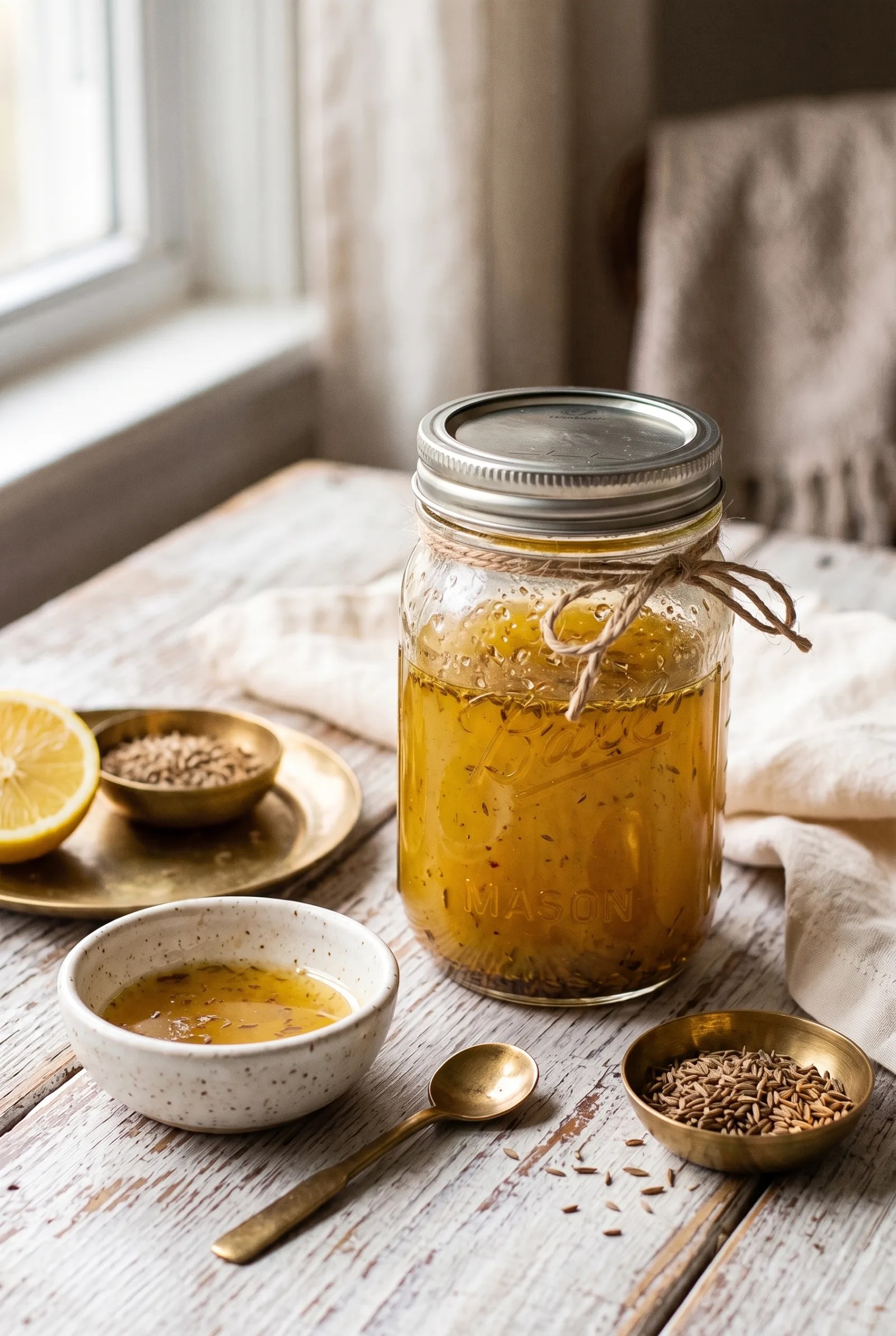Pourable lemon cumin dressing in a glass jar with lemon and cumin