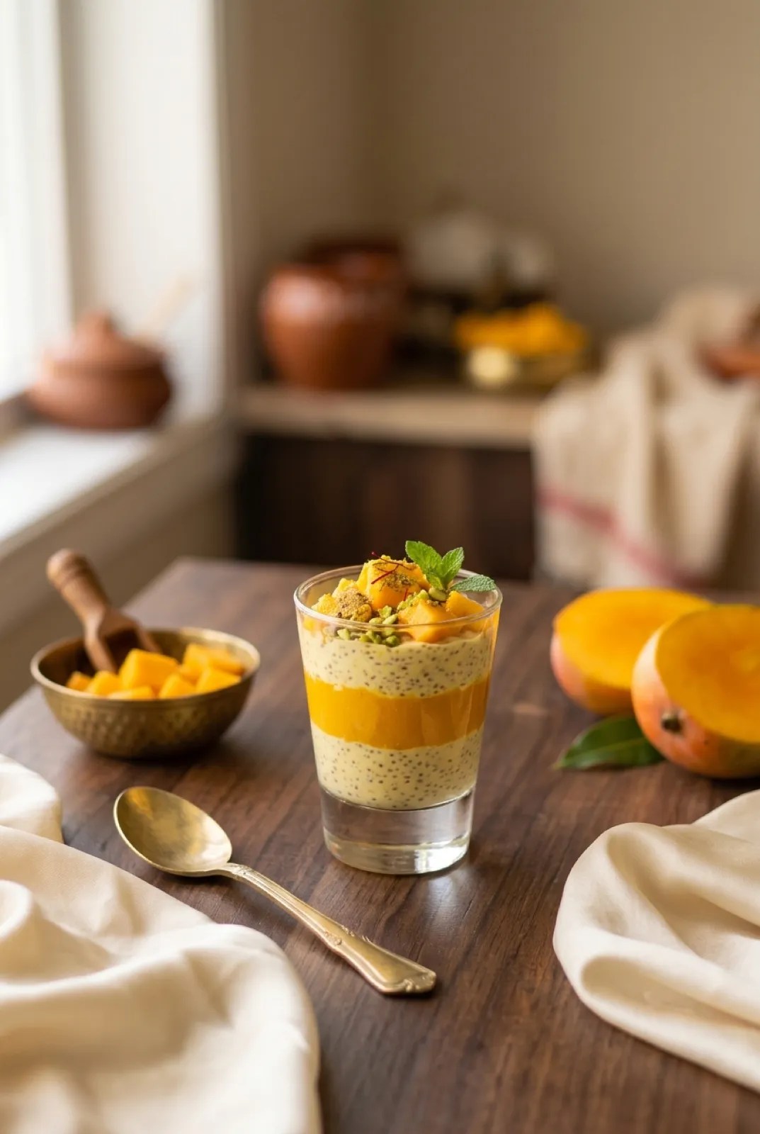 Petite glass of mango lassi chia pudding layered with mango puree, topped with mango, saffron and pistachios