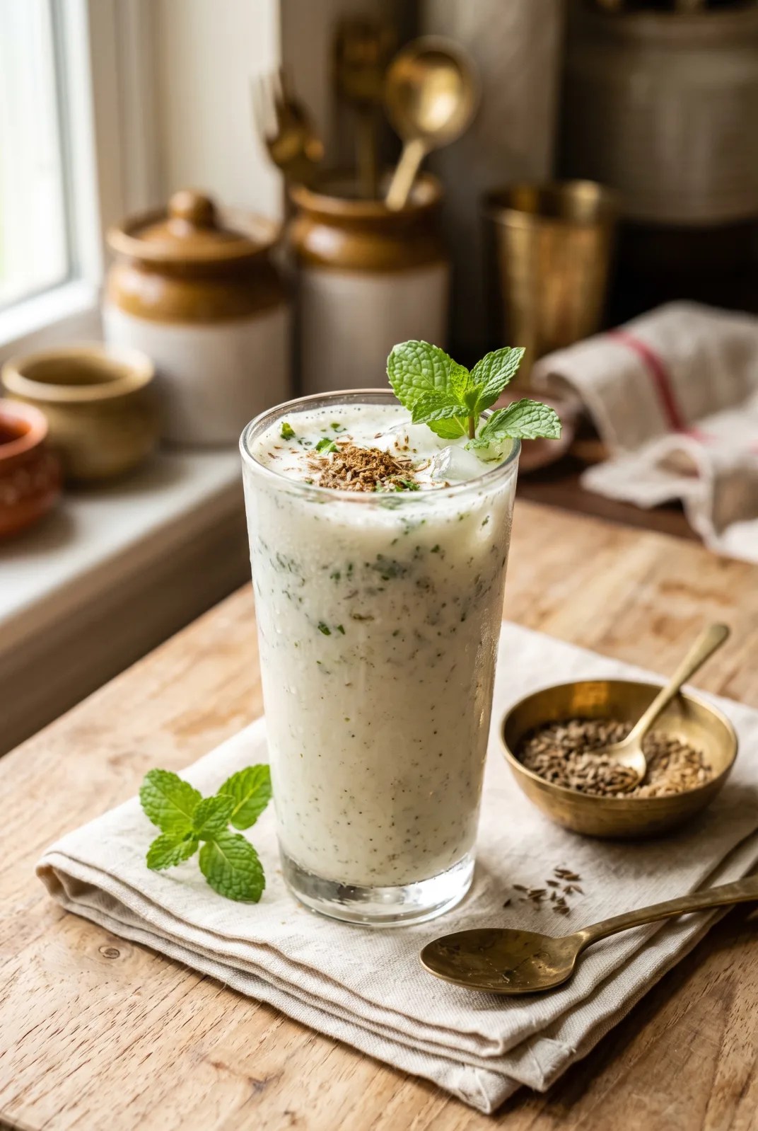 Tall glass of masala chaas with mint and roasted cumin on teak