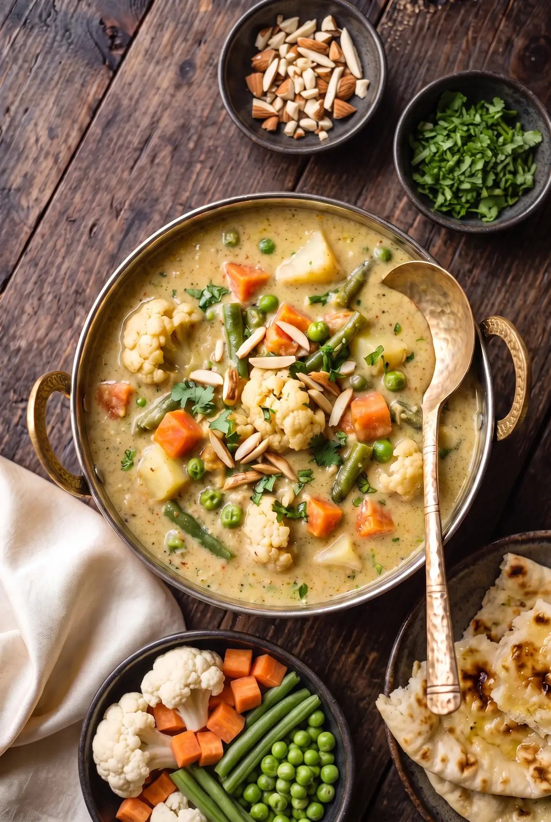 Overhead badami vegetable curry in a brass-handled kadai with pale almond gravy
