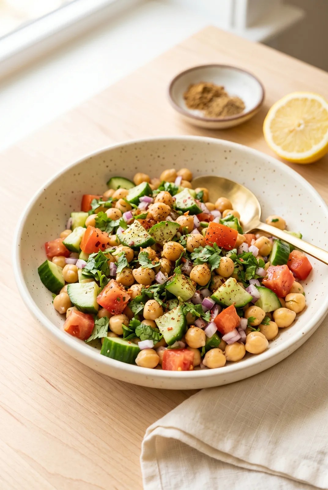 Indian chickpea salad in a speckled bowl with cucumber, tomato, cilantro, and chaat masala