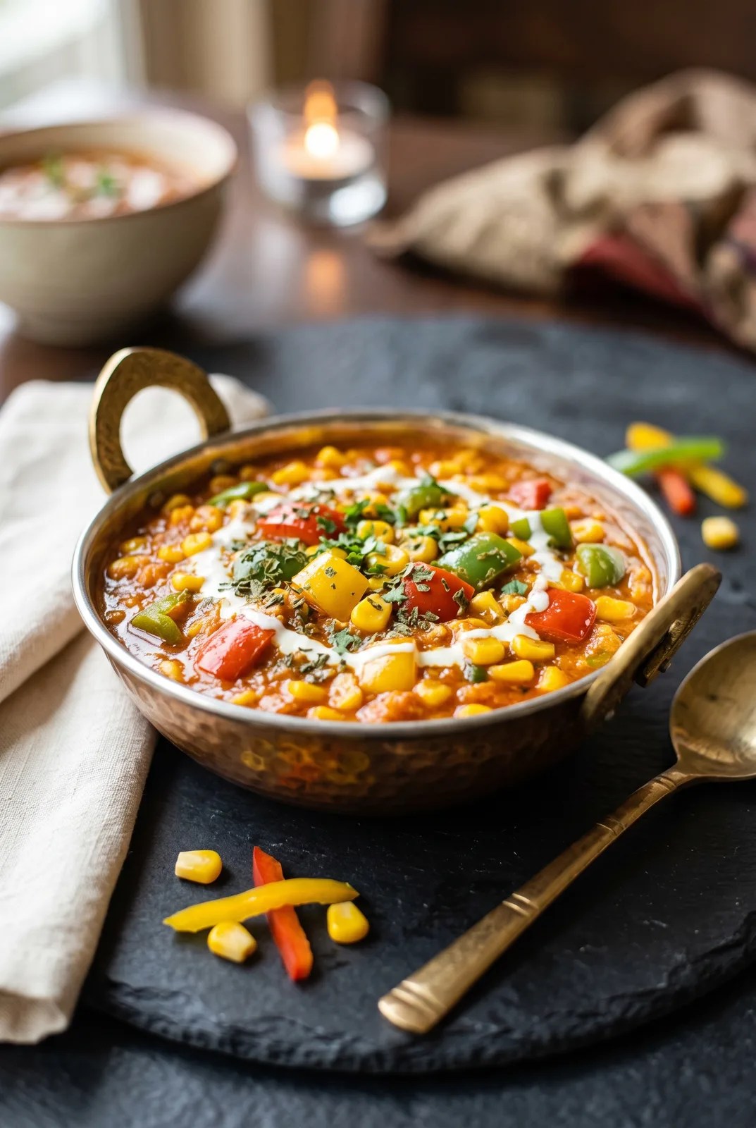 Restaurant-style corn capsicum masala in a brass kadhai with cream swirl