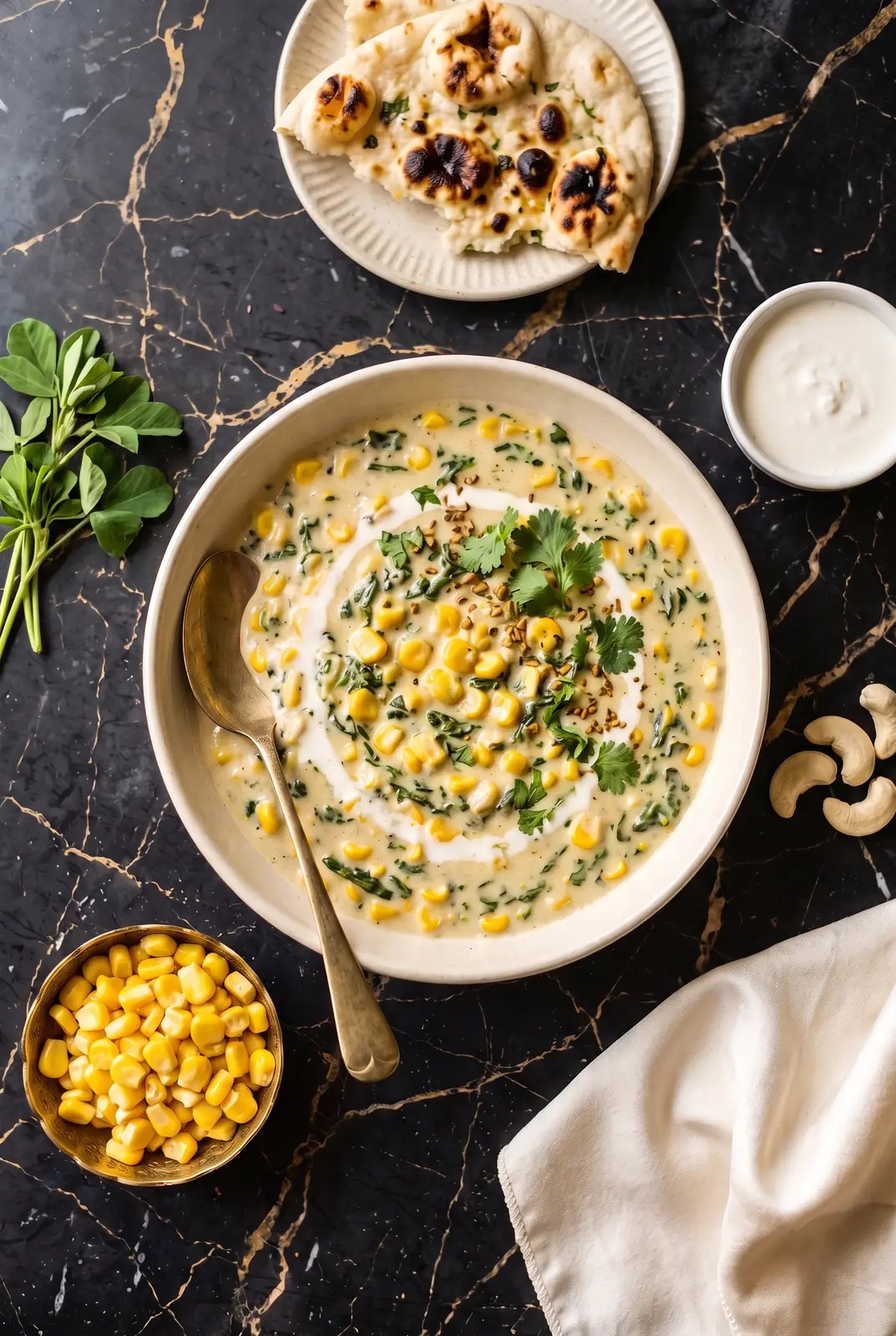 Overhead corn methi malai in cream gravy with corn, methi, and naan