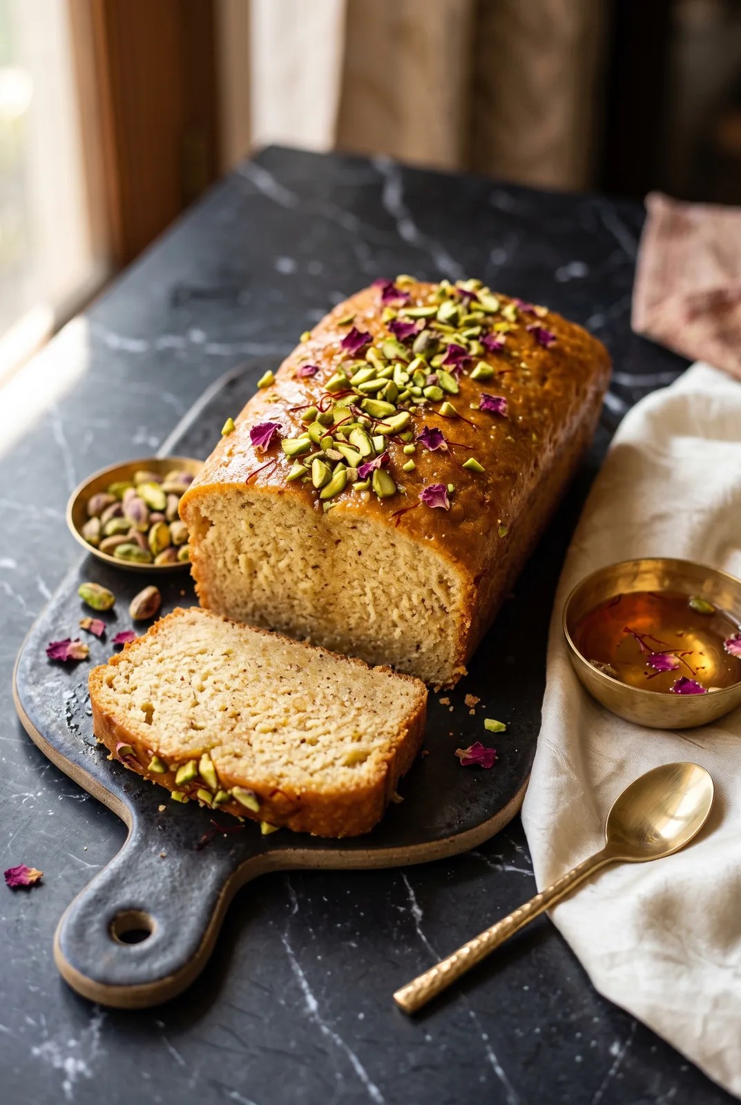 Eggless gulab jamun bread loaf with rose syrup, pistachios, and moist crumb slice