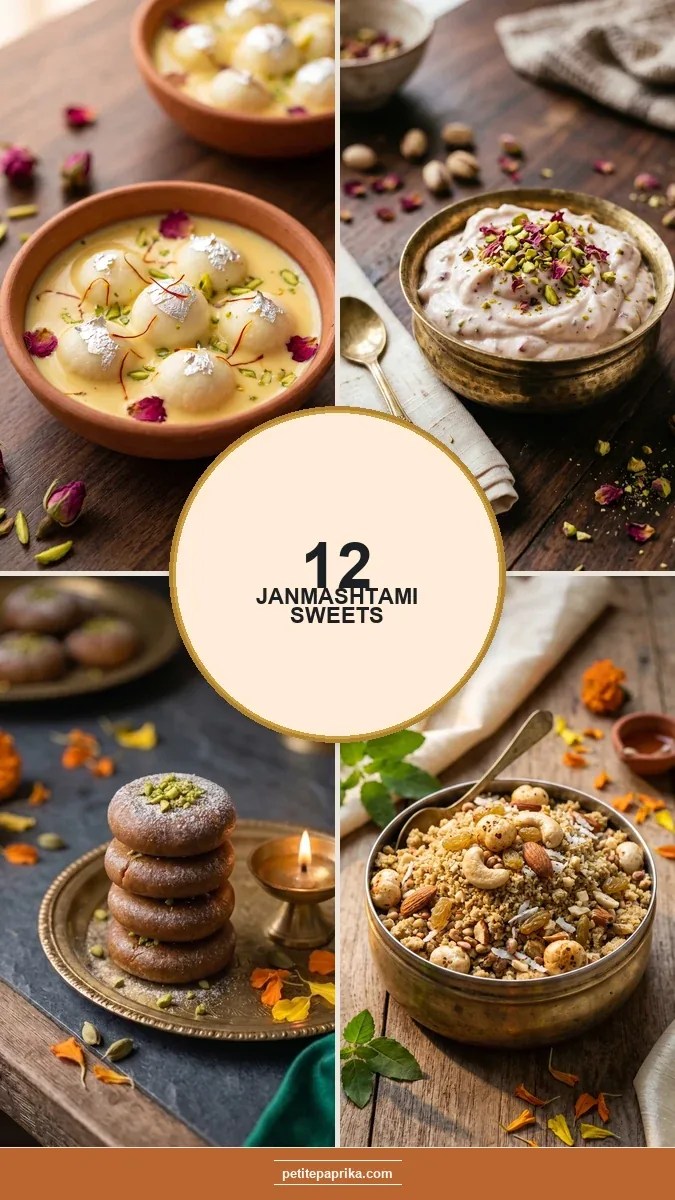 12 Janmashtami sweets collage with angoori basundi, shrikhand, peda, and panjiri