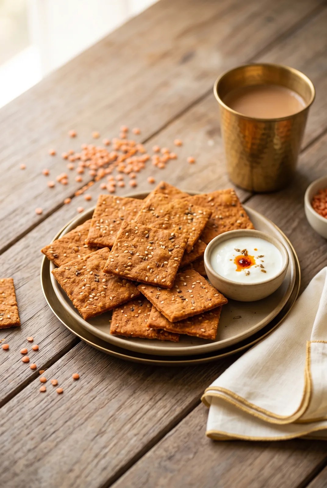 Orange masoor dal lentil crackers with yogurt and chai on teak