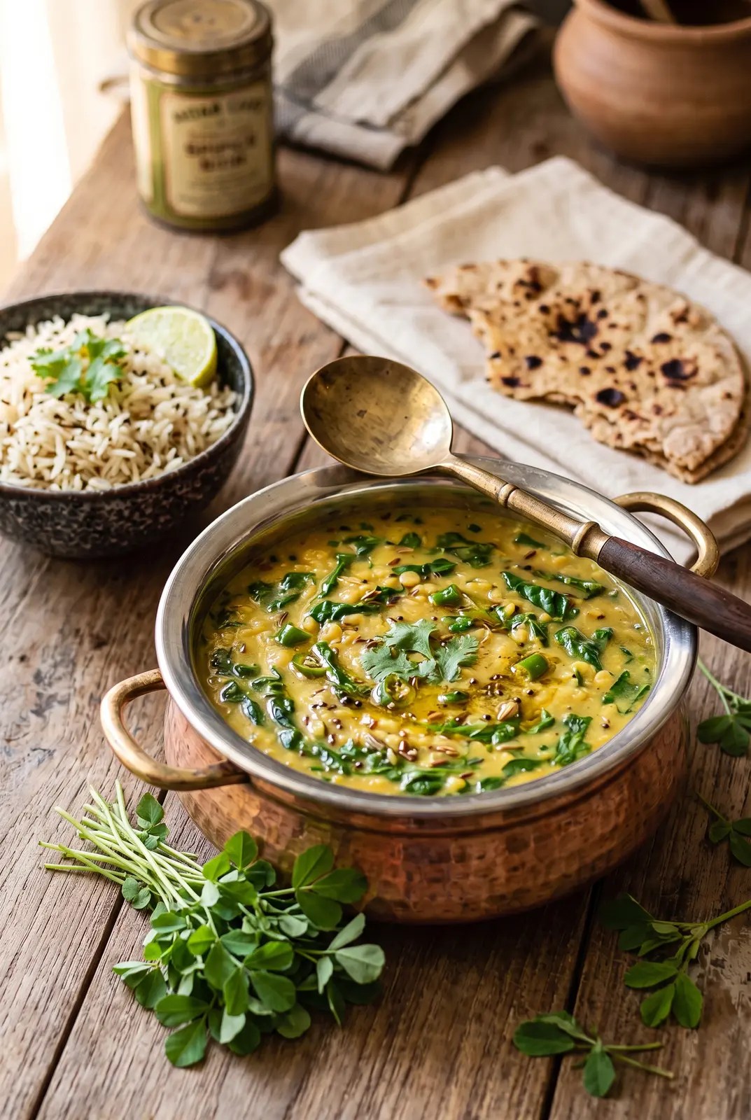 Methi dal in a copper handi with wilted fenugreek, rice, roti, and fresh methi