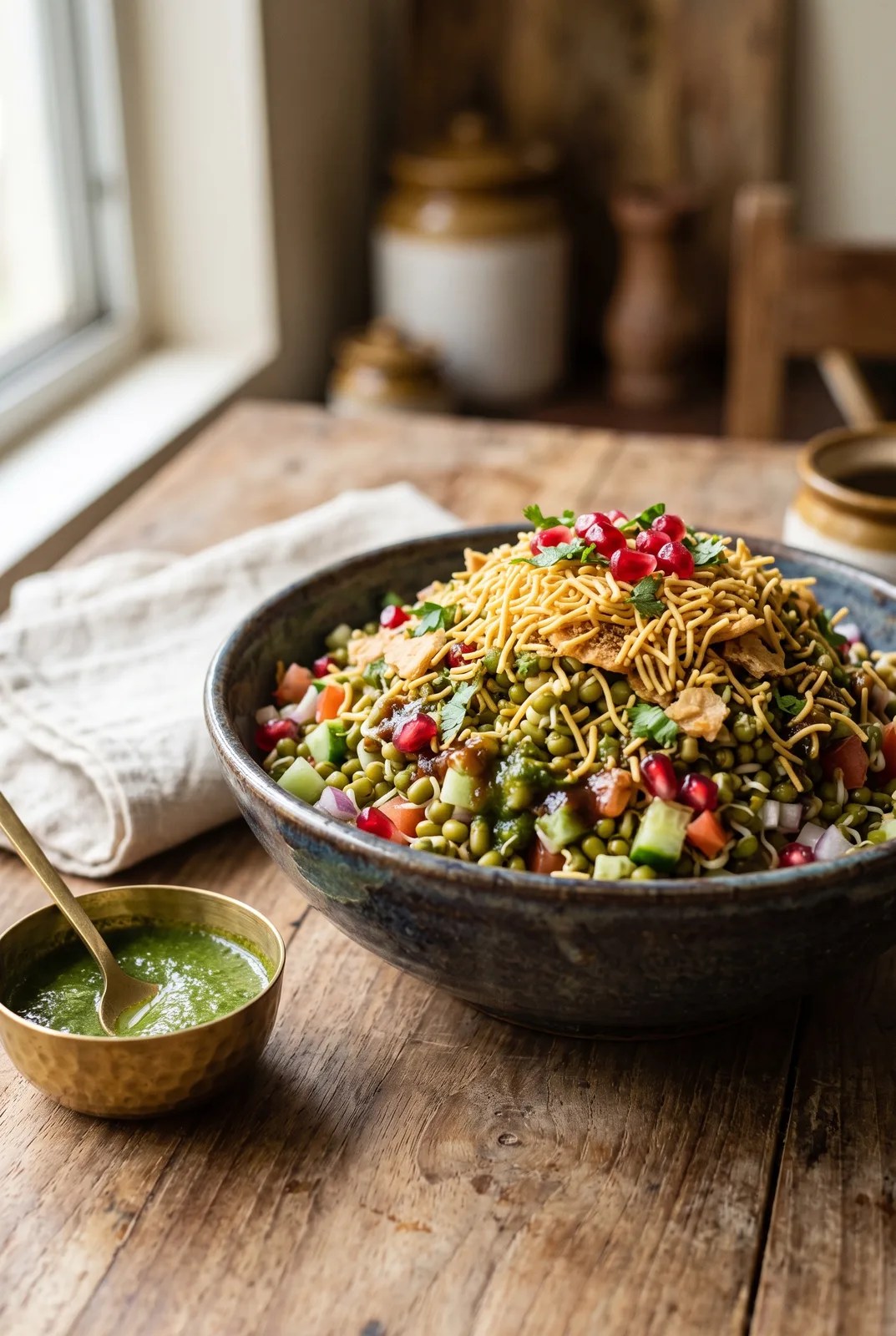 Bowl of sprouts chaat moong chaat with sev and chutney on teak
