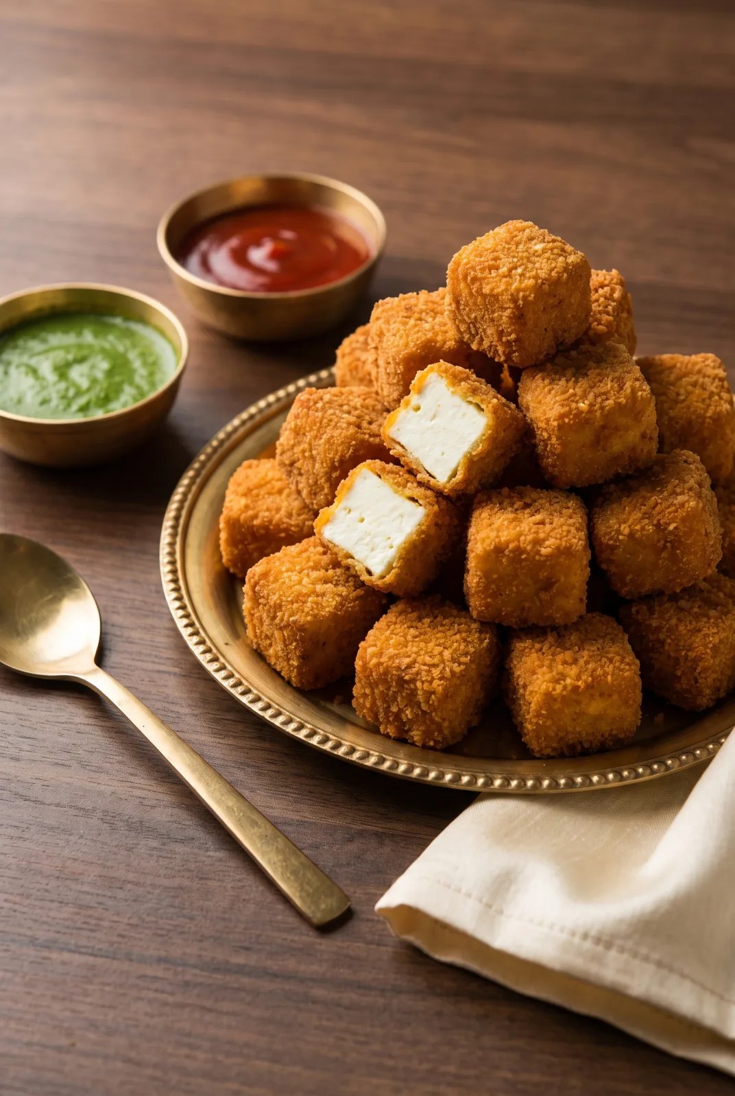 Crispy paneer nuggets on a brass thali with mint chutney and ketchup