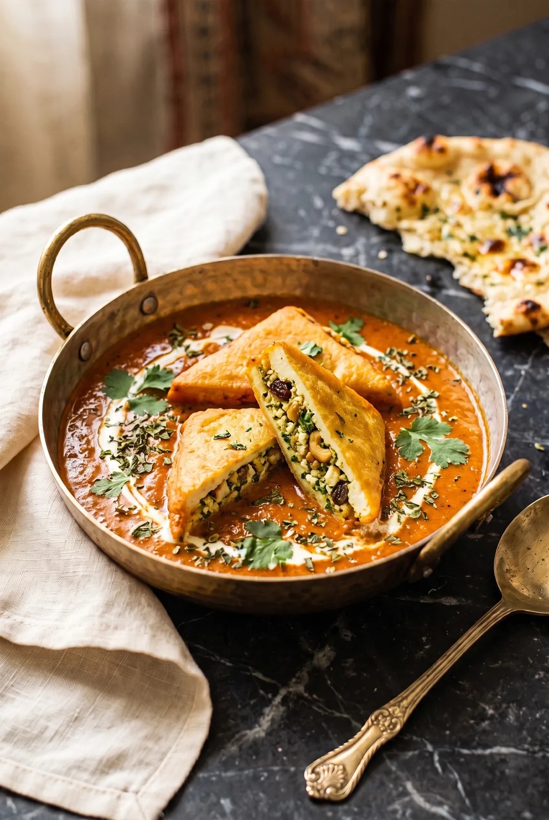 Restaurant style paneer pasanda with stuffed fried triangles in a brass kadhai