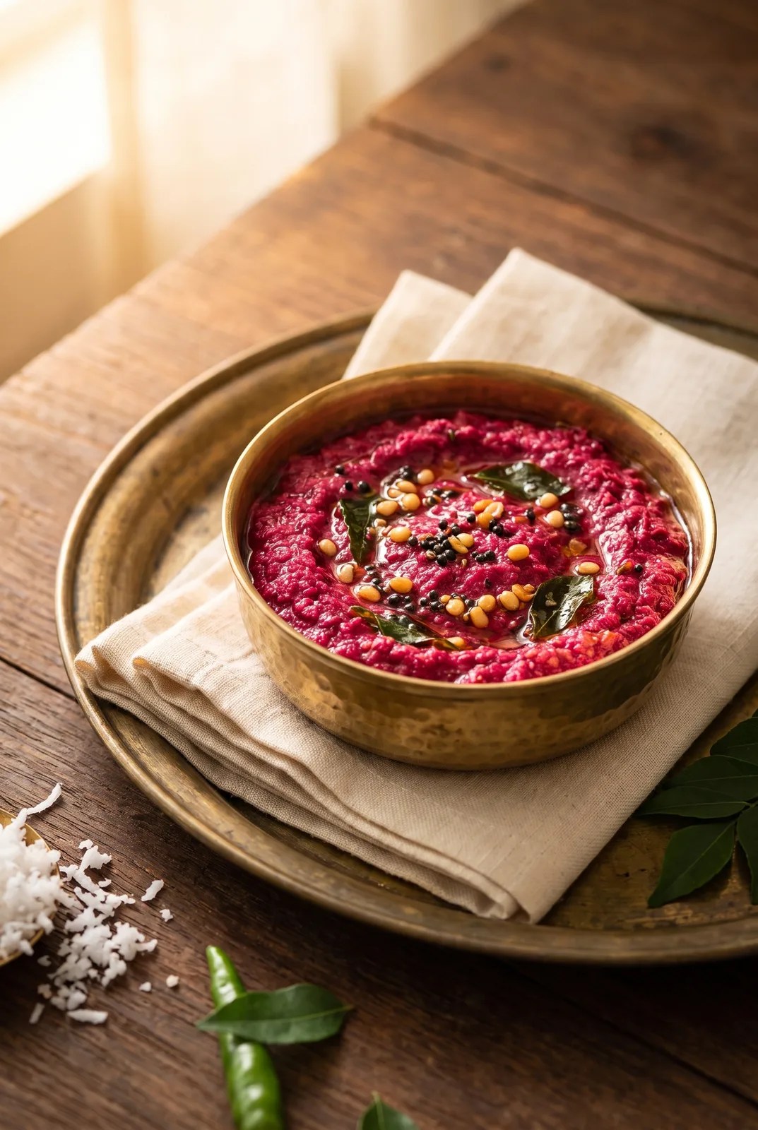 Beetroot chutney in a brass katori with mustard-urad tadka