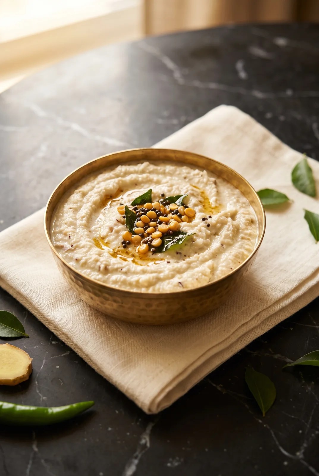 Coconut chutney in a brass katori with mustard-dal tadka