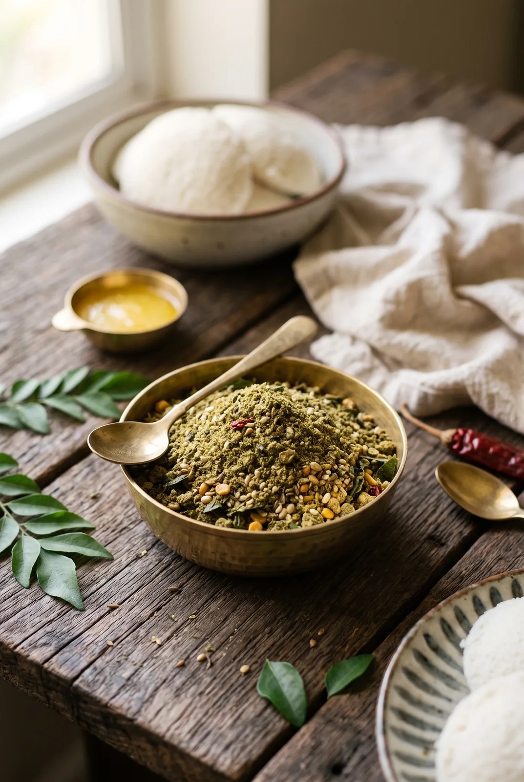 Curry leaf podi in a brass katori with steamed idli on teak