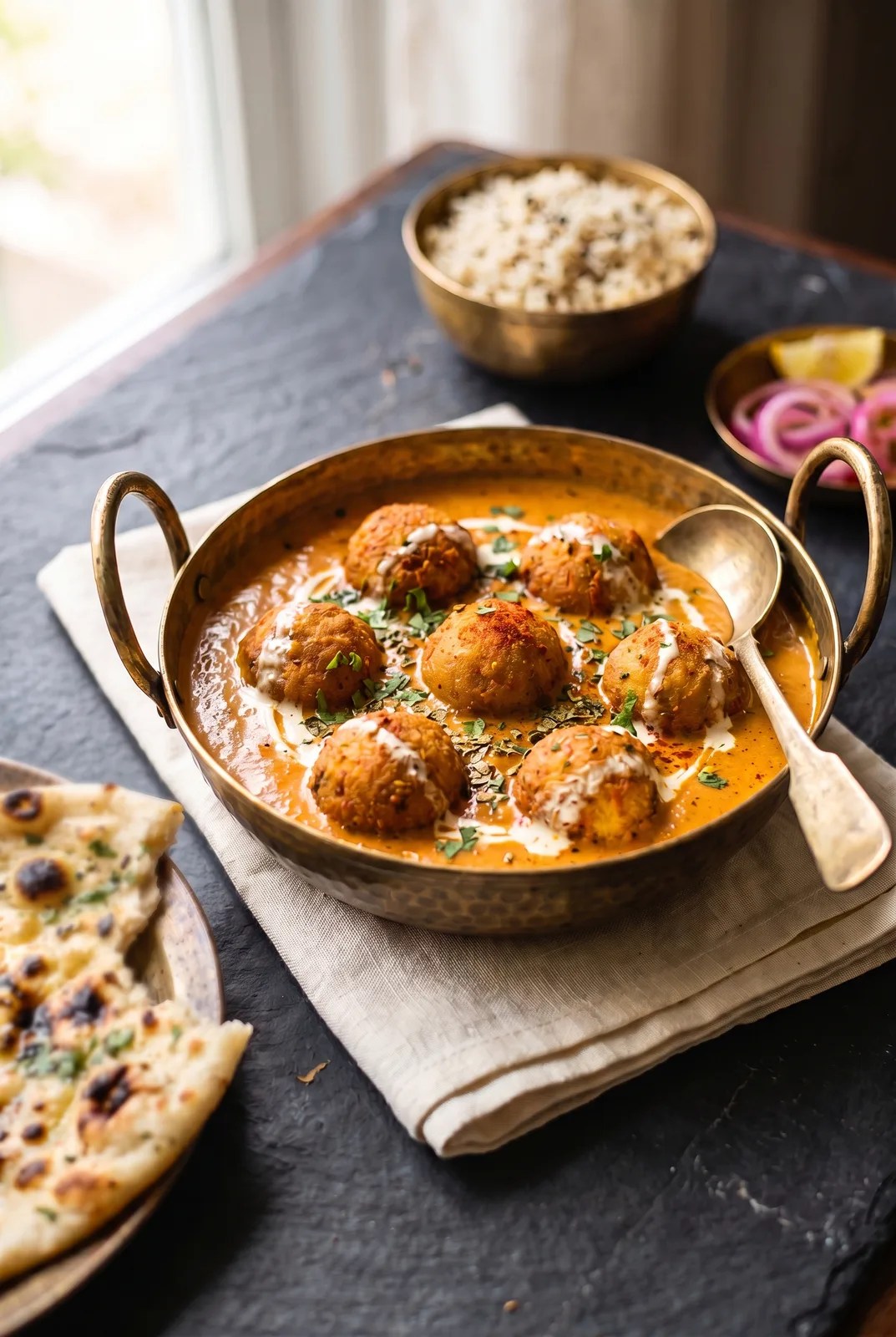 Malai kofta in a brass kadhai with cream swirl and naan, malai kofta recipe