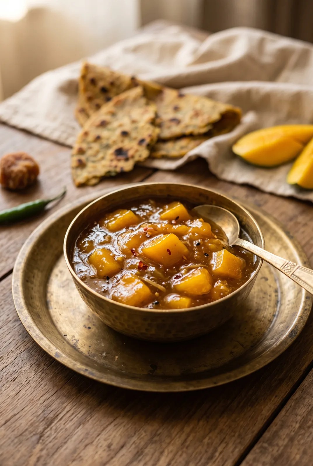 Mango chutney in a brass katori with thepla on a teak table