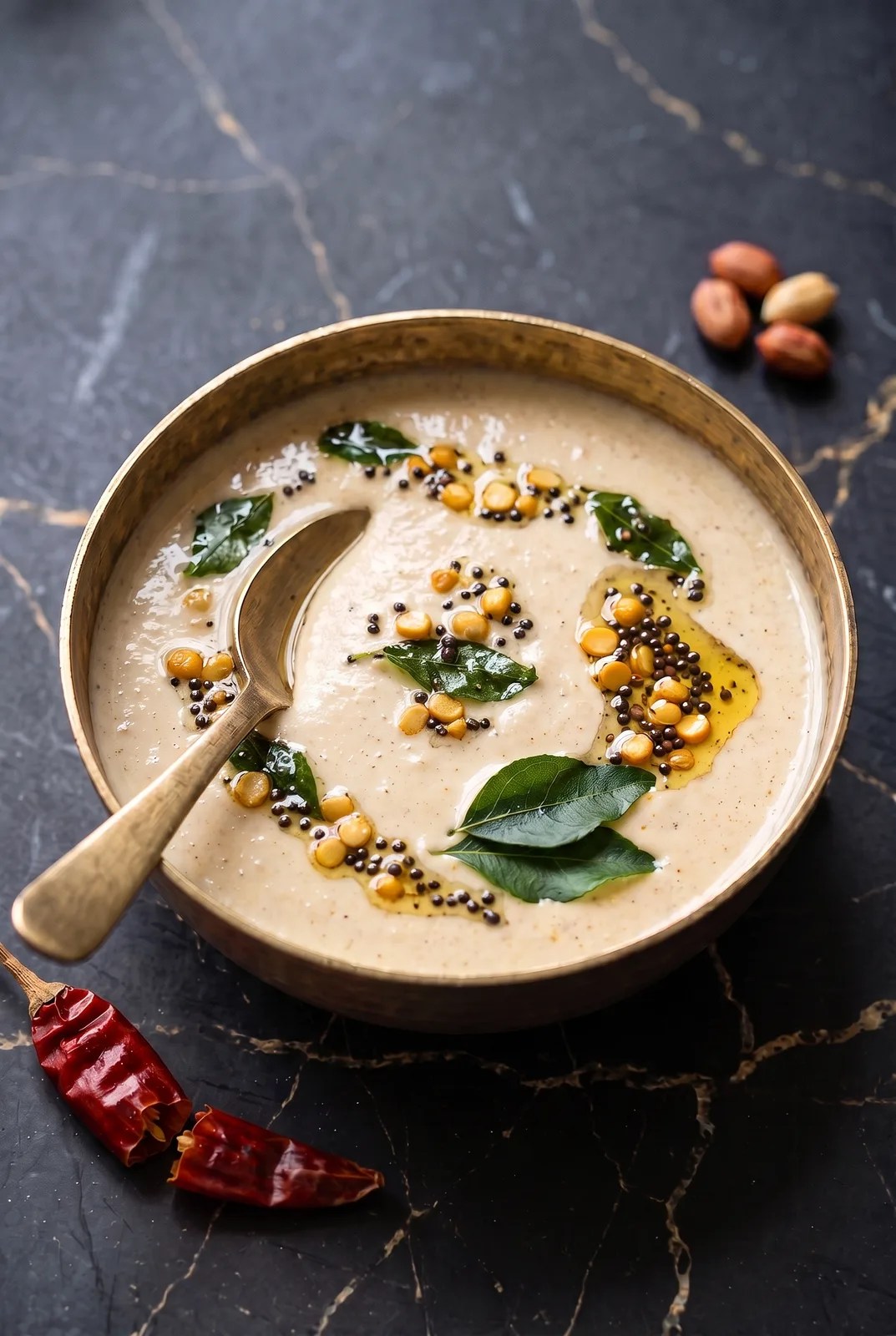 Peanut chutney in a brass katori with tadka on black marble
