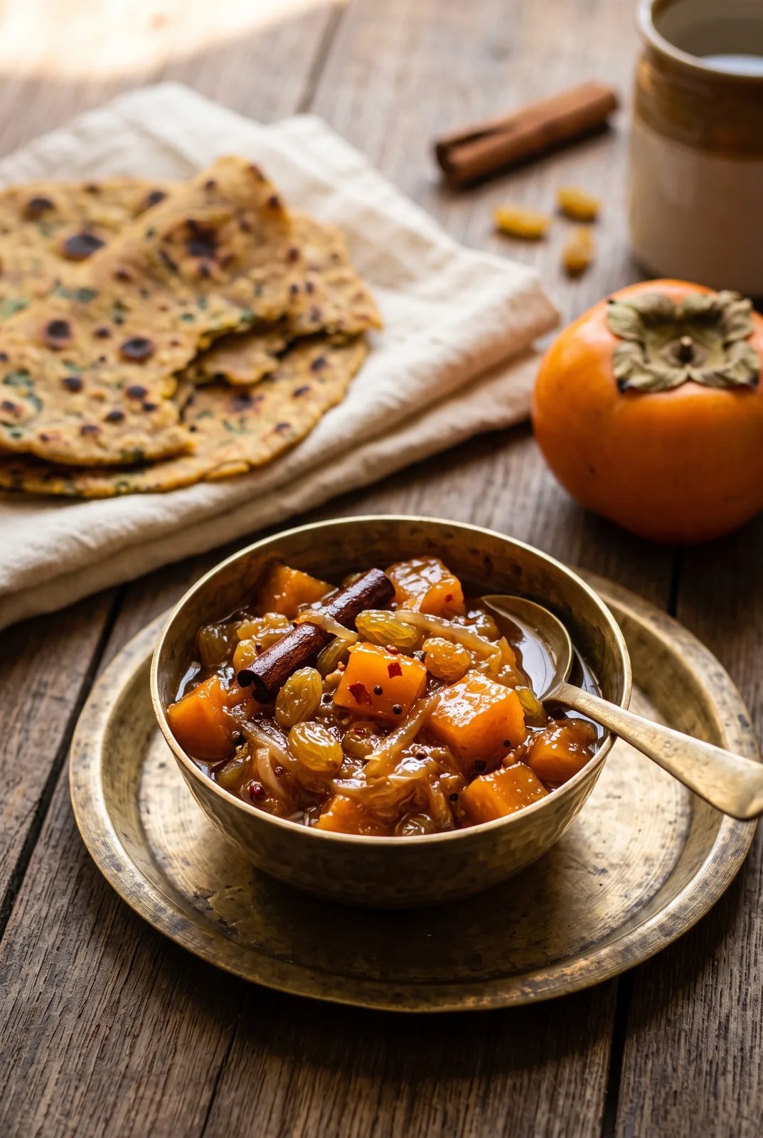 Persimmon chutney in a brass katori with thepla on a teak table